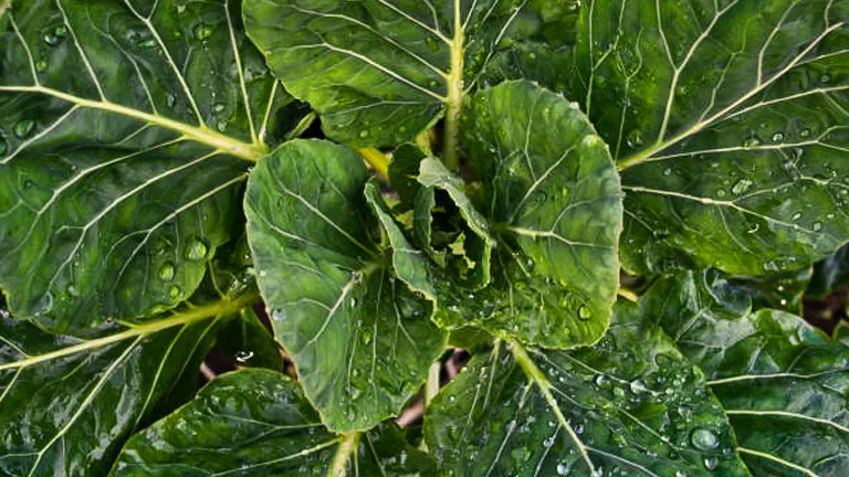 Close-up view of fresh Brussels sprouts leaves with droplets of water on their surfaces, highlighting their vibrant green color and healthy veins.