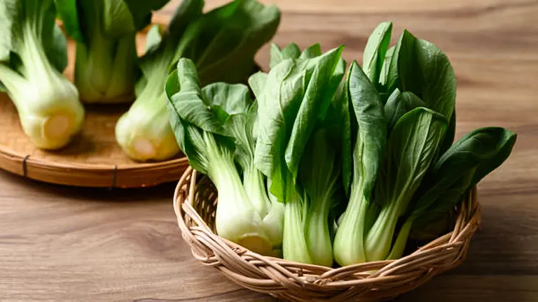 Fresh bok choy with vibrant green leaves and white stalks neatly arranged in a wicker basket on a wooden table, with additional bok choy visible in the background.