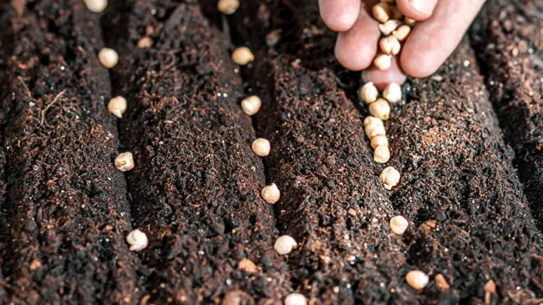 Close-up of a hand planting chickpea seeds in neatly arranged furrows in dark, fertile soil.