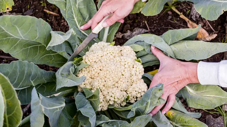 Hands using a knife to harvest a mature cauliflower head, surrounded by its large green leaves in a garden bed.