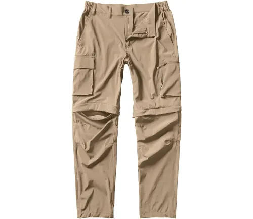 Khaki convertible hiking pants with multiple cargo pockets and zip-off sections at the knees, displayed against a white background.
