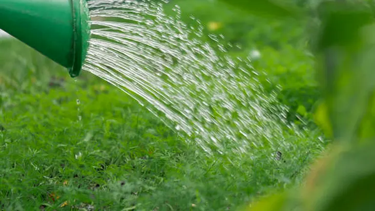 Water cascading from a green watering can onto a lush garden, focusing on the dynamic spray and droplets illuminating the fresh, green plants below.