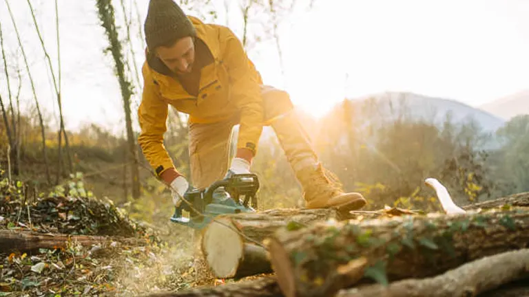 A man in a yellow jacket and beanie using a chainsaw to cut a fallen log in a forest at sunset, with sawdust flying and the sun casting warm light through the trees.