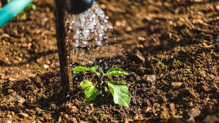 Water from a watering can showering a young plant with vibrant green leaves in freshly tilled soil, sparkling droplets catching the light.