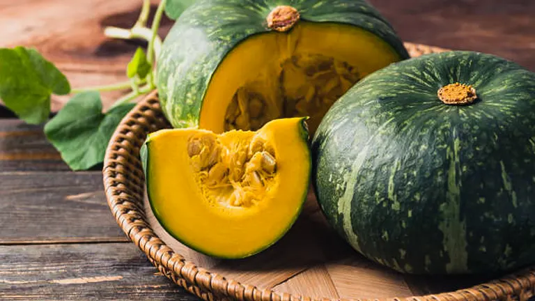 Freshly cut kabocha squash displayed on a rustic wooden table, with one squash halved to show its vibrant yellow interior and seeds, accompanied by green leaves, all resting in a woven basket