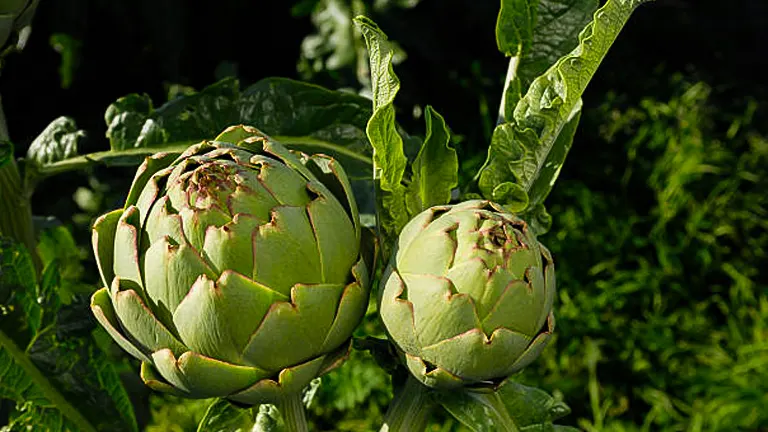 Two green artichokes growing on a plant with large leaves.