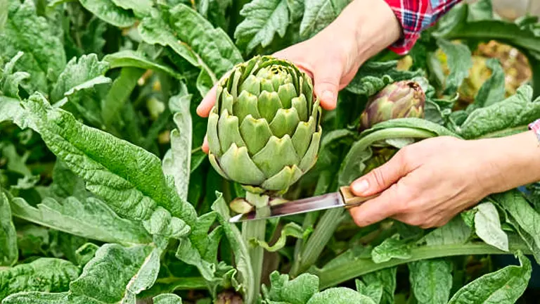Person using a knife to harvest an artichoke from the plant in a garden.