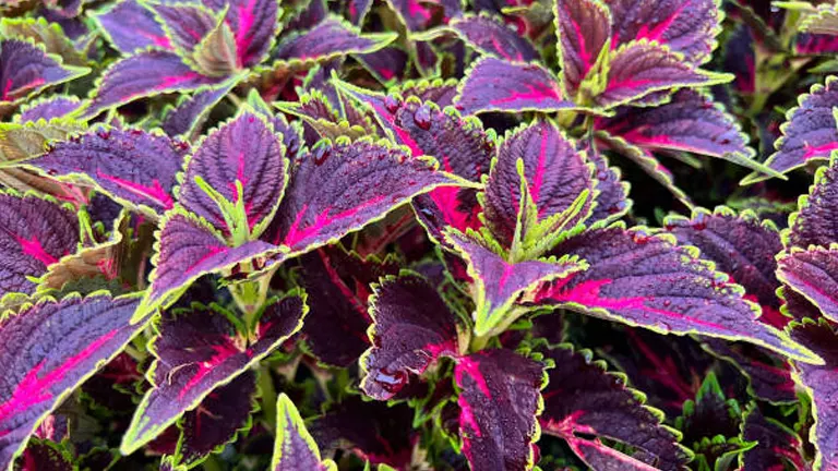 Close-up of Coleus plants with dark purple leaves accented by bright pink and green edges.