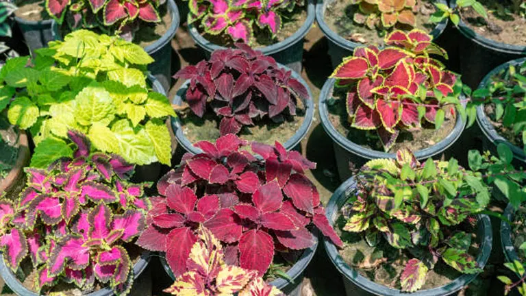Various Coleus plants in pots, showcasing a range of vibrant leaf colors and patterns.