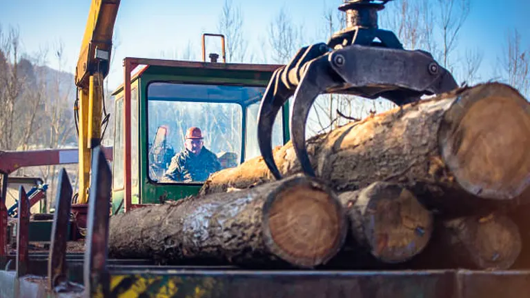 A logging machine lifting logs with a mechanical claw, operated by a worker in a cabin wearing a red helmet and safety gear.
