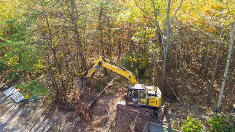 An excavator is seen clearing trees in a forested area. The yellow machine is actively uprooting a tree, surrounded by other trees with green and yellow foliage, suggesting it is autumn. The scene depicts construction or land-clearing activities within the forest.