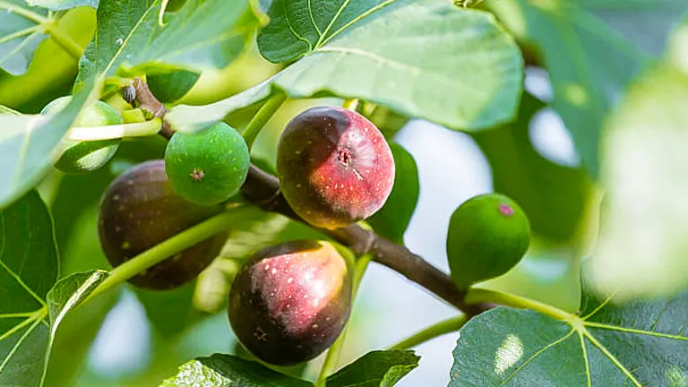 Close-up of ripe and unripe figs growing on a fig tree branch with green leaves.