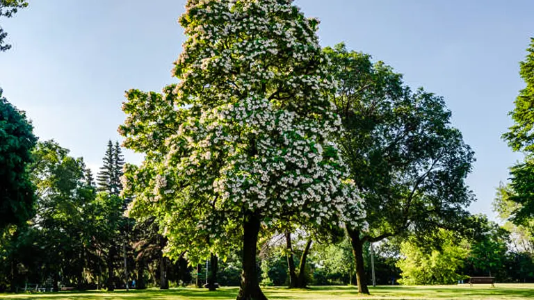 Flowering tree in full bloom with white flowers in a sunny park, surrounded by green grass and other trees.