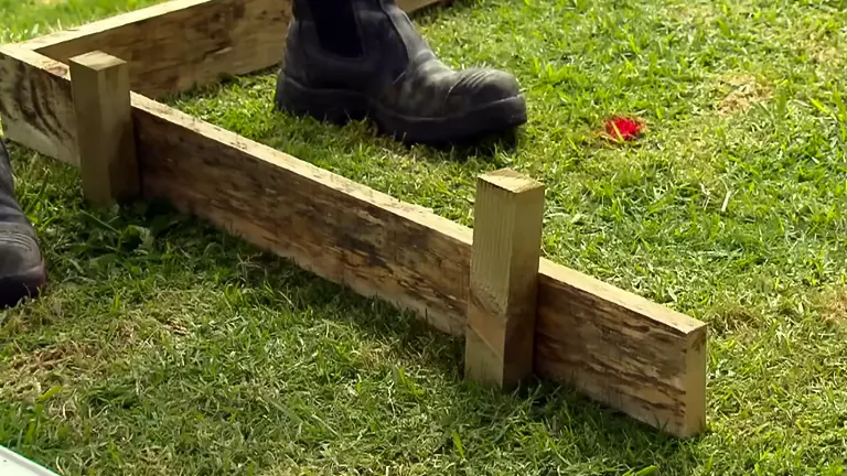 Close-up view of a person's boots next to a wooden frame laid out on grass, presumably for a garden construction project.