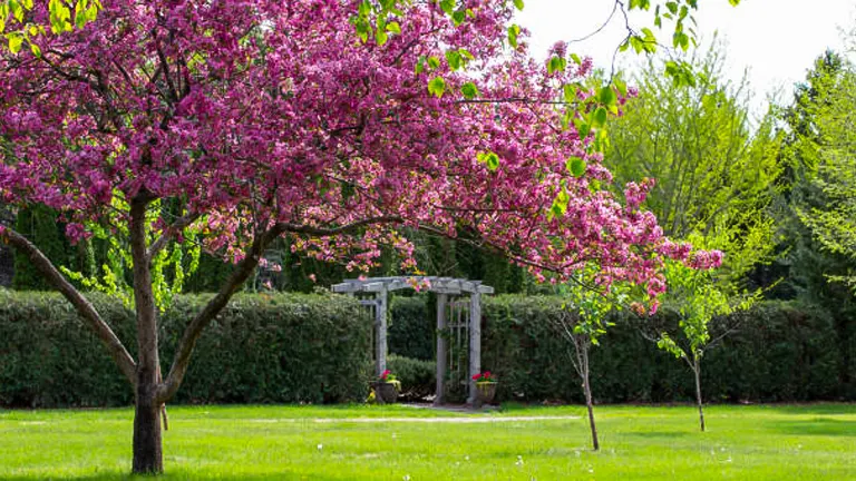 Pink flowering tree in a green yard with a wooden pergola in the background, surrounded by lush greenery.