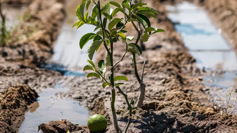 Young citrus tree planted in muddy soil with a single green fruit on the ground nearby.