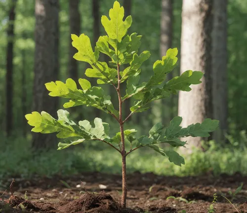 Young oak sapling with vibrant green leaves standing in a forest clearing, with tall trees in the background.