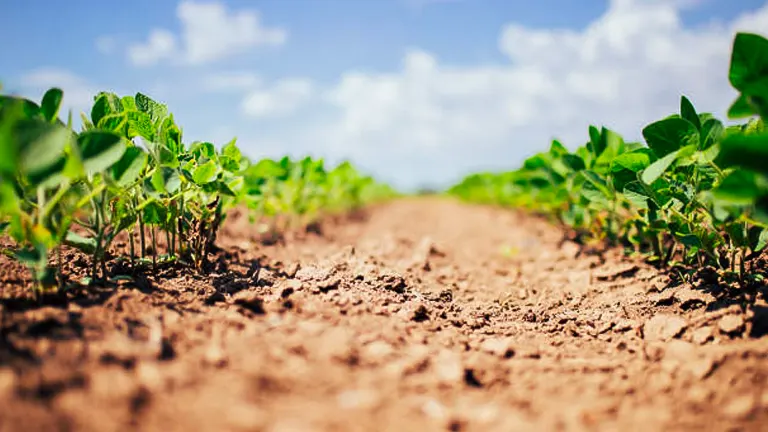 Low-angle view of young soybean plants in neat rows, extending towards the horizon under a bright blue sky, emphasizing the rich, textured soil between the rows.