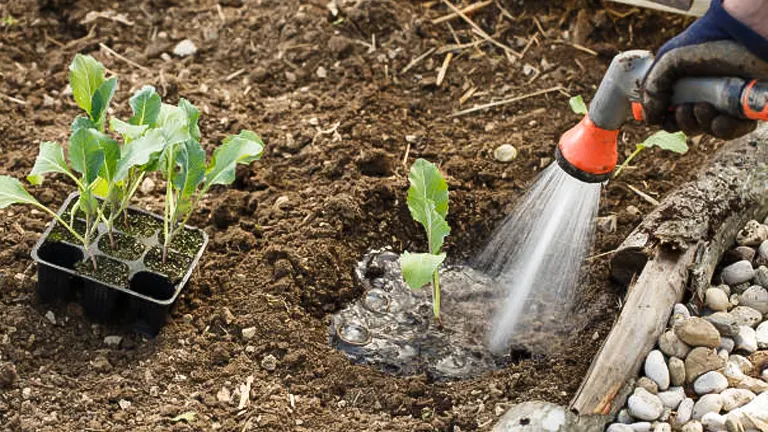 Gardener watering newly planted cauliflower seedlings in a garden, using a hose with a spray nozzle.