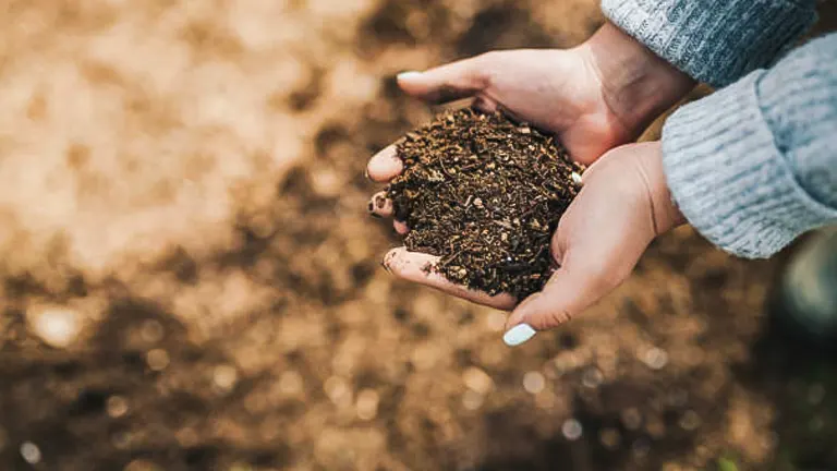 Close-up of a person's hands holding a handful of rich, dark compost soil, symbolizing sustainable gardening and soil health.