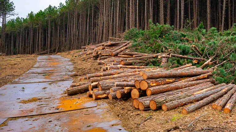A logging site featuring a muddy track flanked by piles of freshly cut logs in front of a dense pine forest. The scene captures the stark contrast between harvested timber and the standing forest.