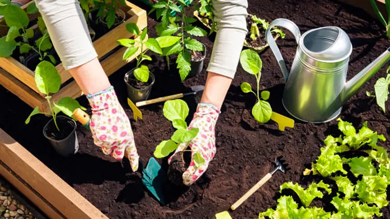 Gardener wearing floral gloves planting young seedlings in a rich soil garden bed, with a silver watering can and various garden tools nearby.