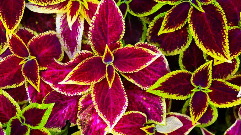 Close-up of Coleus plants with deep red leaves edged in vibrant yellow and green.