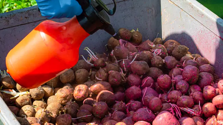 Gloved hand spraying water on a batch of freshly harvested potatoes in a bin.
