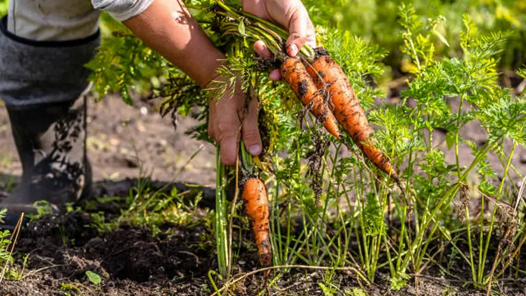 A gardener pulling fresh carrots from the soil, showing the vibrant orange roots and green tops in a lush garden setting.