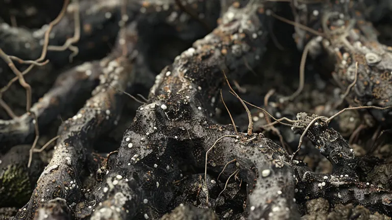 Close-up view of dark plant roots heavily infested with white fungal spores, embedded in soil.