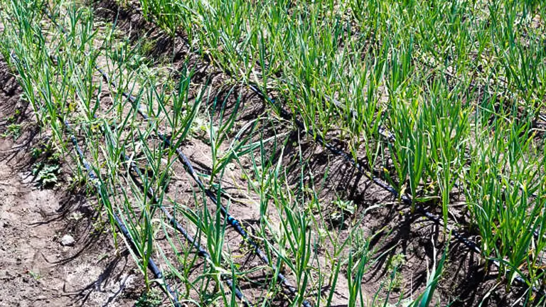 Rows of young onion plants with tall green shoots growing in well-spaced rows in dry soil, under bright sunlight.