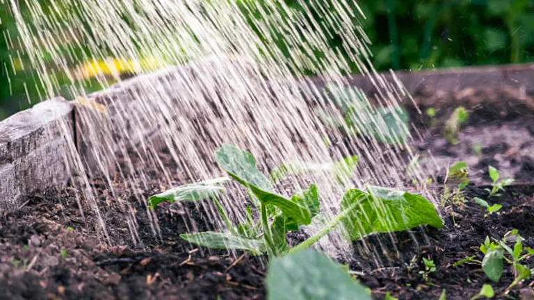 A garden scene where young squash plants are being watered, showing a stream of water droplets falling from above onto the rich, dark soil and green leaves.