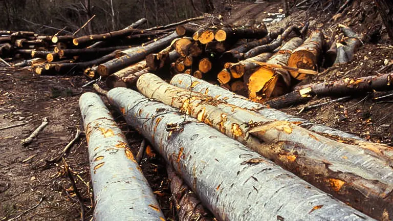 Piles of freshly cut logs lie on the forest floor, showcasing various species with visible tree rings and bark, set against a backdrop of a bare, leafless forest.