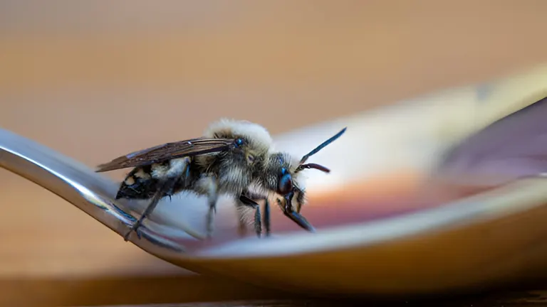 Bee on a spoon with water.

