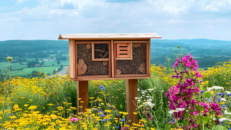 Bee hotel in a colorful field overlooking a landscape.
