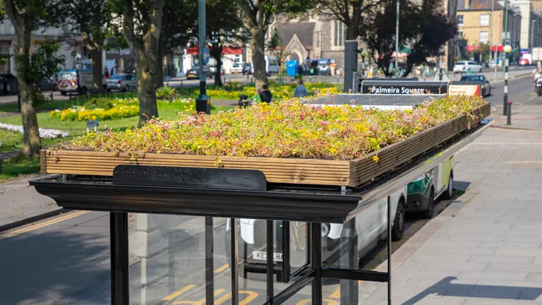Green-roofed bus stop in an urban setting.
