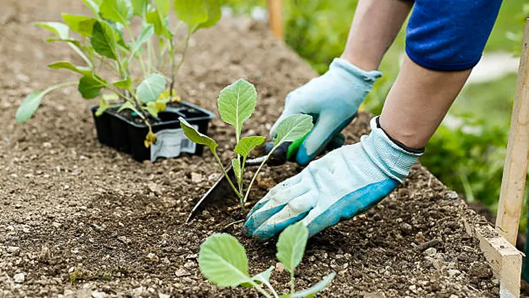 A gardener wearing blue gloves is planting young broccoli seedlings in a well-prepared soil bed in a garden, demonstrating proper planting technique.