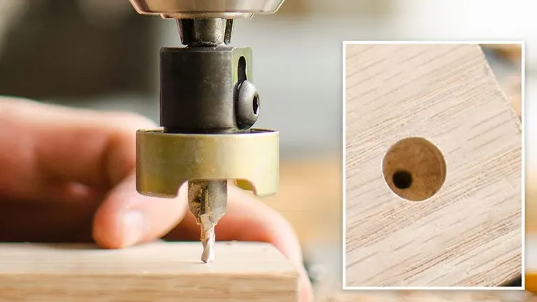 Close-up of a non-marring countersink bit with a depth stop collar attached to a drill, creating a clean countersink hole in a piece of wood.