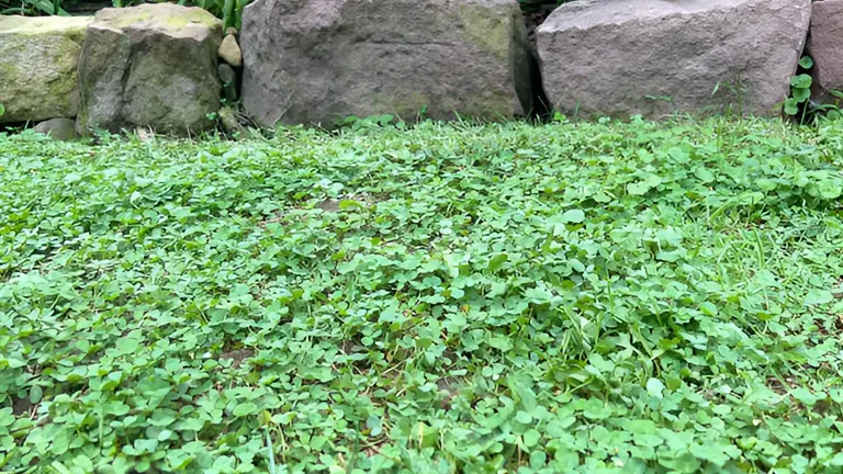 Ground level view of clover growing near large rocks.
