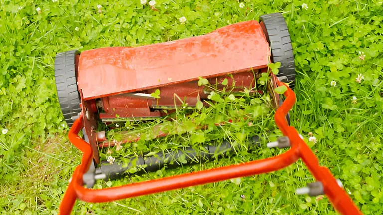 Upside-down push lawnmower on a clover-filled lawn.