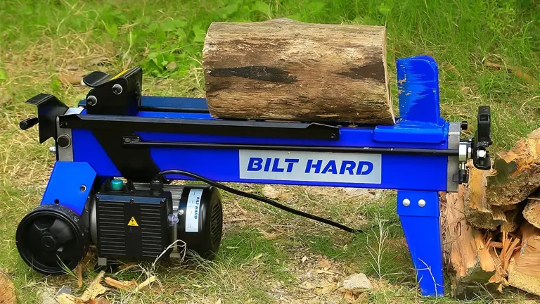 Blue Bilt Hard log splitter in a grassy area with a log loaded for splitting.
