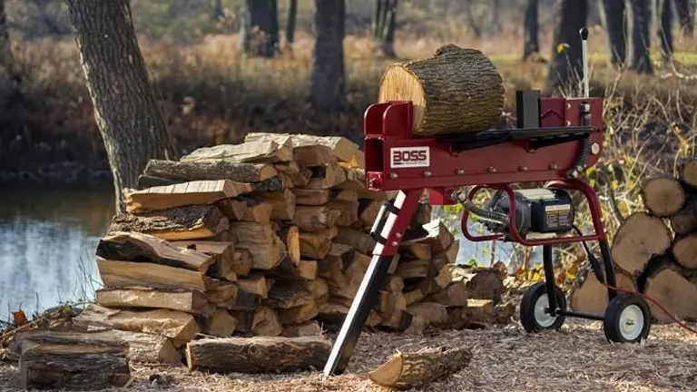 Boss Industrial 10 Ton Electric Log Splitter by a lakeside with a pile of cut wood.