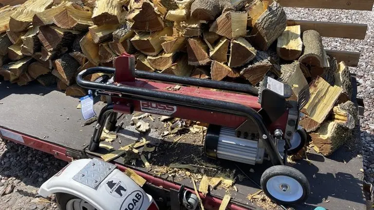 Boss Industrial ES7T20 Electric Log Splitter with wood chips on the ground and wheel in focus.