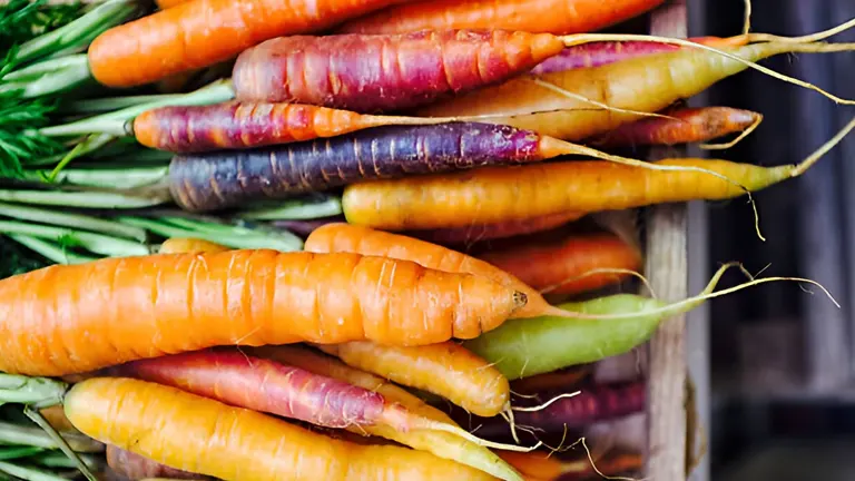 Colorful bunches of carrots, including purple and orange, with green tops.
