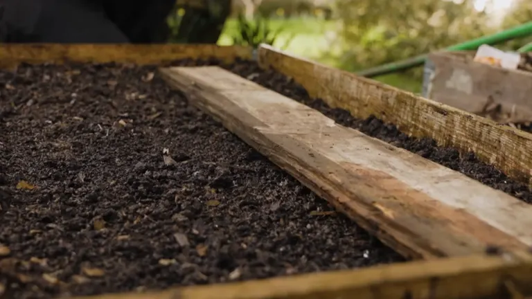 Close-up of a raised garden bed filled with rich, dark soil.
