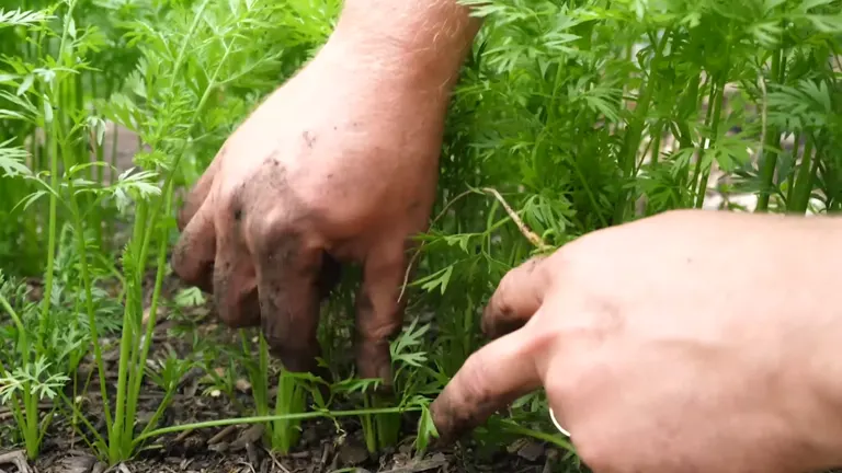 Hands weeding around small green carrot plants in soil.
