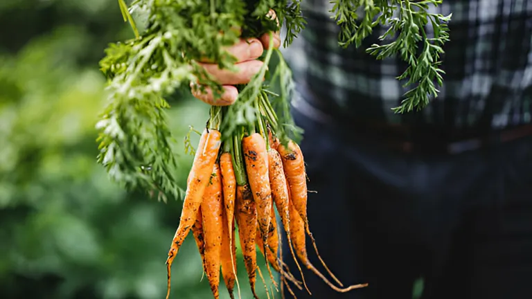 Hand holding freshly harvested carrots with green tops, soil clinging to them.
