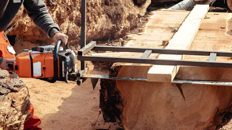 A person operates a chainsaw mounted on a metal guide system to cut a large log into slabs, focusing intently on the cutting process, surrounded by a dusty and rocky outdoor setting.