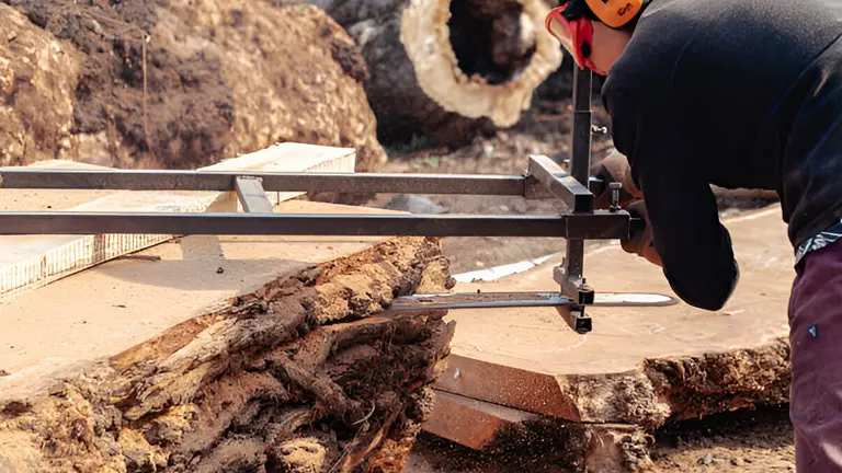 Close-up of a man using a chainsaw attached to a milling guide, cutting through a large log, with sawdust flying in the air.