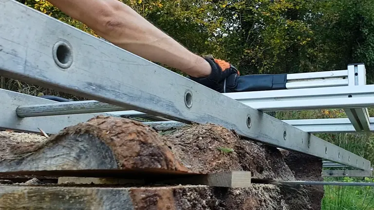 Detailed view of a chainsaw blade moving through a large wood log on a mill.
